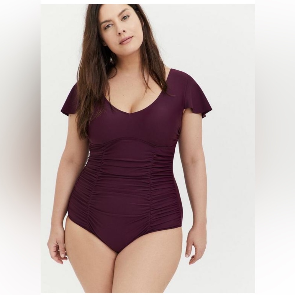 Grape Purple Wireless Flutter Sleeve
One-Piece Swimsuit